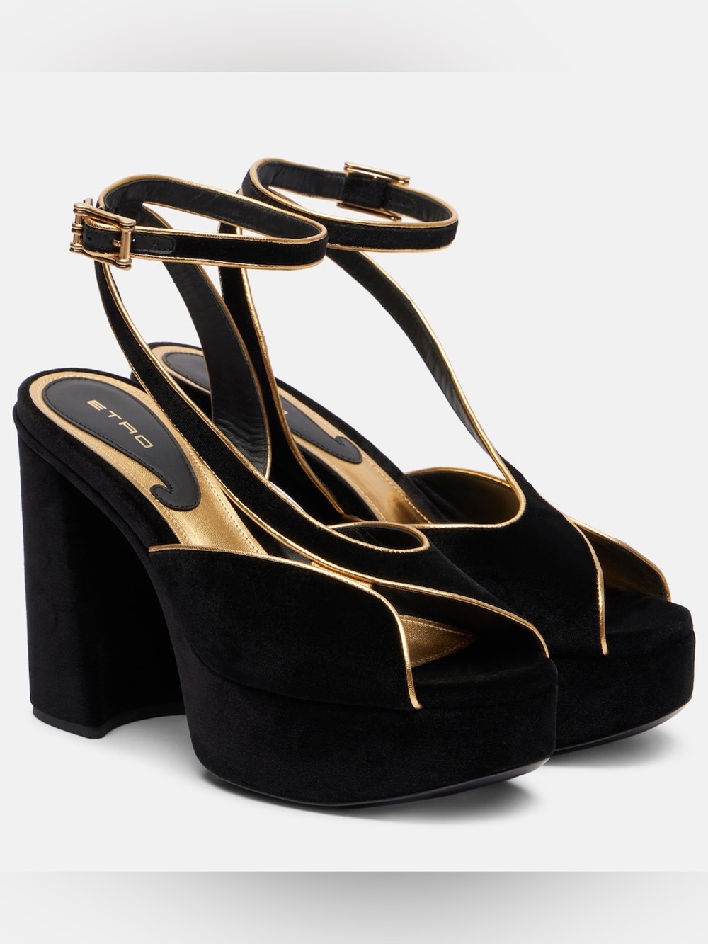 Etro Black Suede Asymmetrical Platform Sandals with Gold Piping